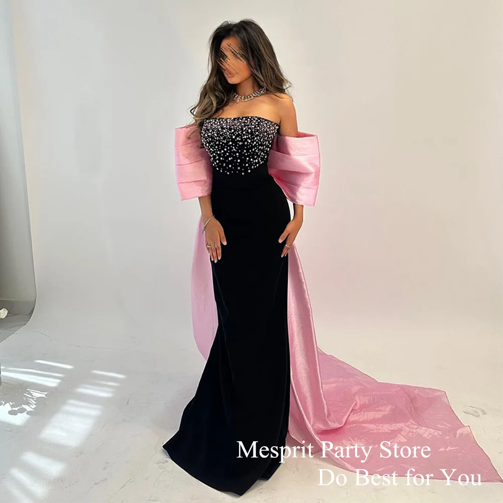 Elegant Saudi Evening Gown for Lady Off The Shoulder Boat Neck Stones Sweep Train Mermaid Prom Dresses for Special Occasion