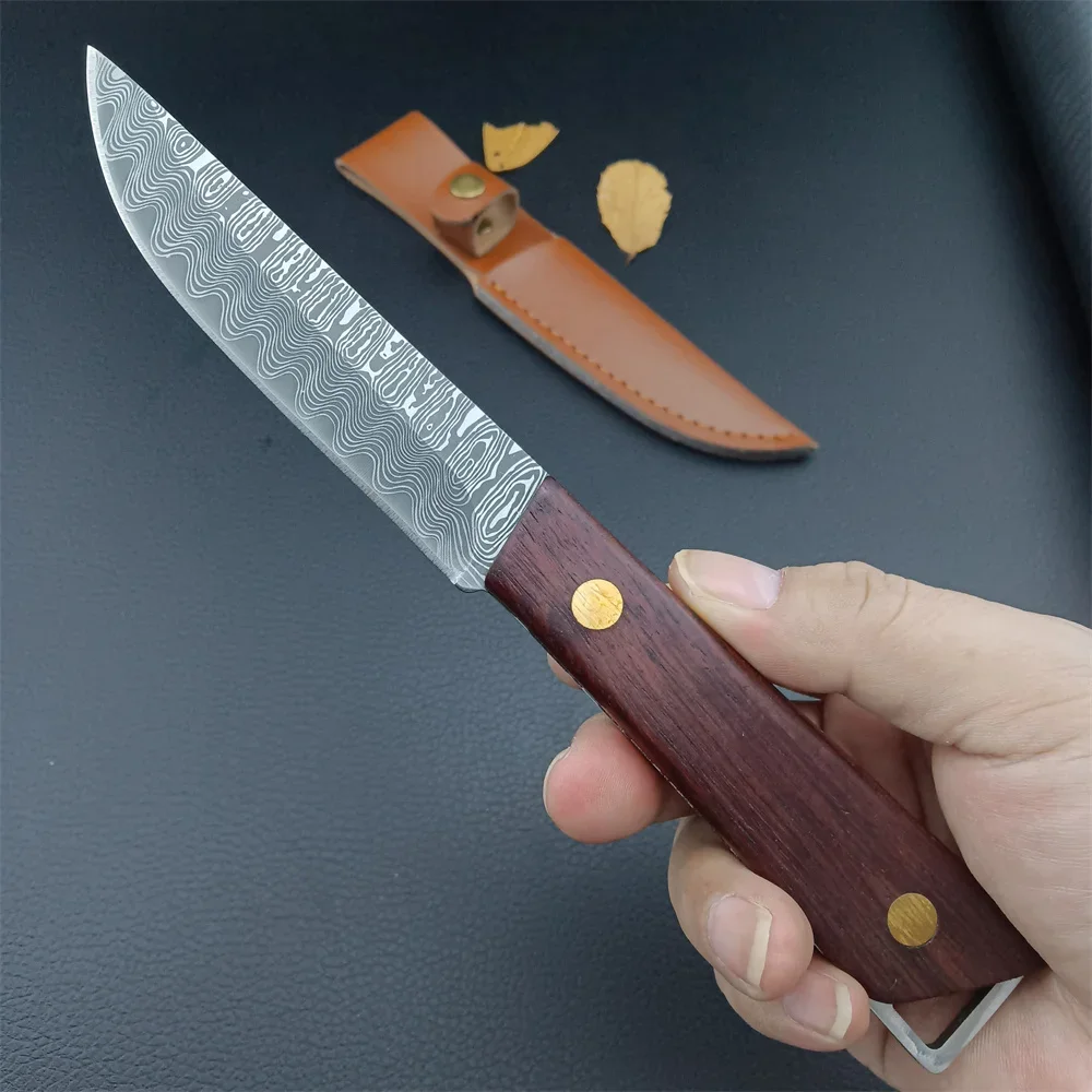 

Damascus Steel Pattern Fixed Blade Knife Wooden Handle Outdoor Survival Tactical Knives with Leather Sheath Camping Hunting Tool