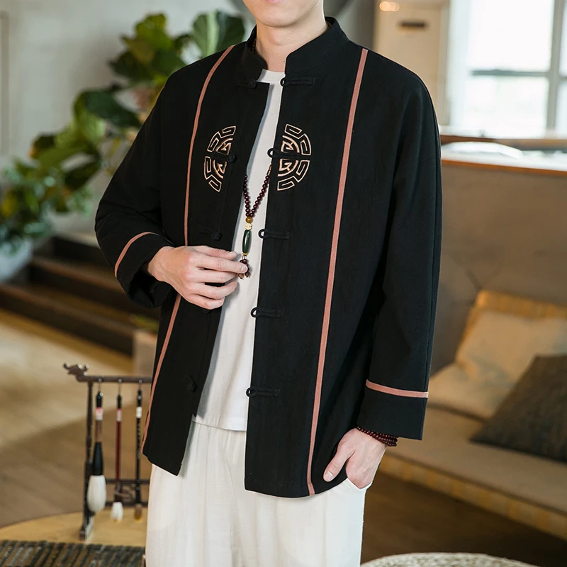 

Льняная куртка с вышивкой Ele для мужчин, весенне-осенний сезон, повседневная свободная посадка из смеси хлопка и льна, молодежная верхняя одежда