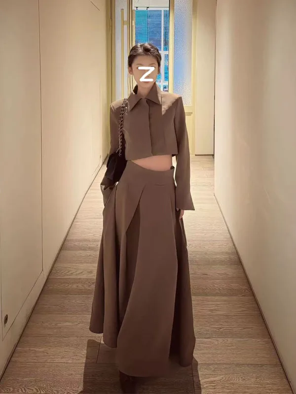 Women's 2-piece Set Skirt Coffee Brown Blazer High-waist Pleated A-line Skirt Elegant Hepburn Niche Harajuku Office Casual Suits