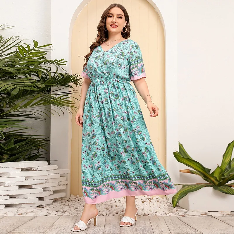 

Plus Size Women Summer Loose Short Sleeve Dress High Waisted Elegant Long Dress Printing Seaside Vacation Beach Boho Midi Dress