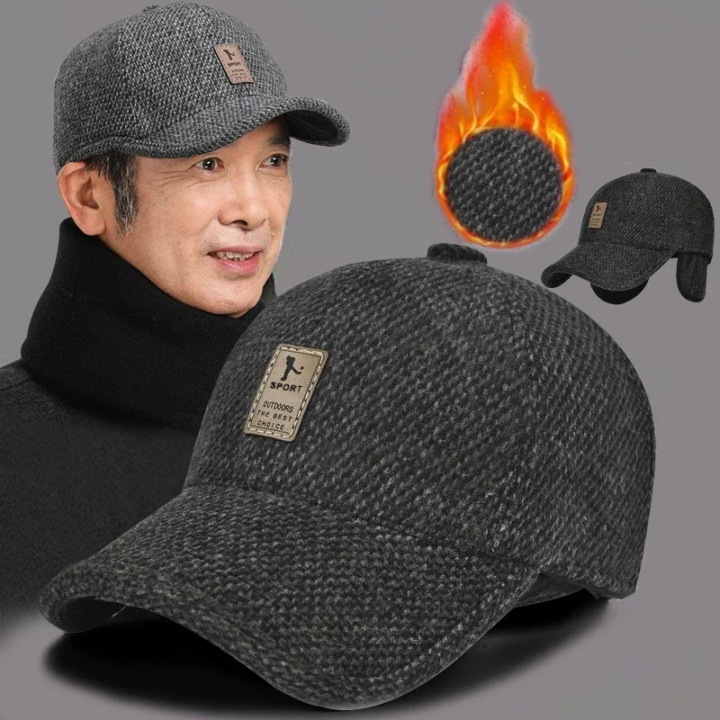 Men Winter Baseball Cap for Dad Outdoor Cycling Ear Protection Warmth Peaked Hat Sunhat Woolen Knitted Bomber Hats with Ear Flap