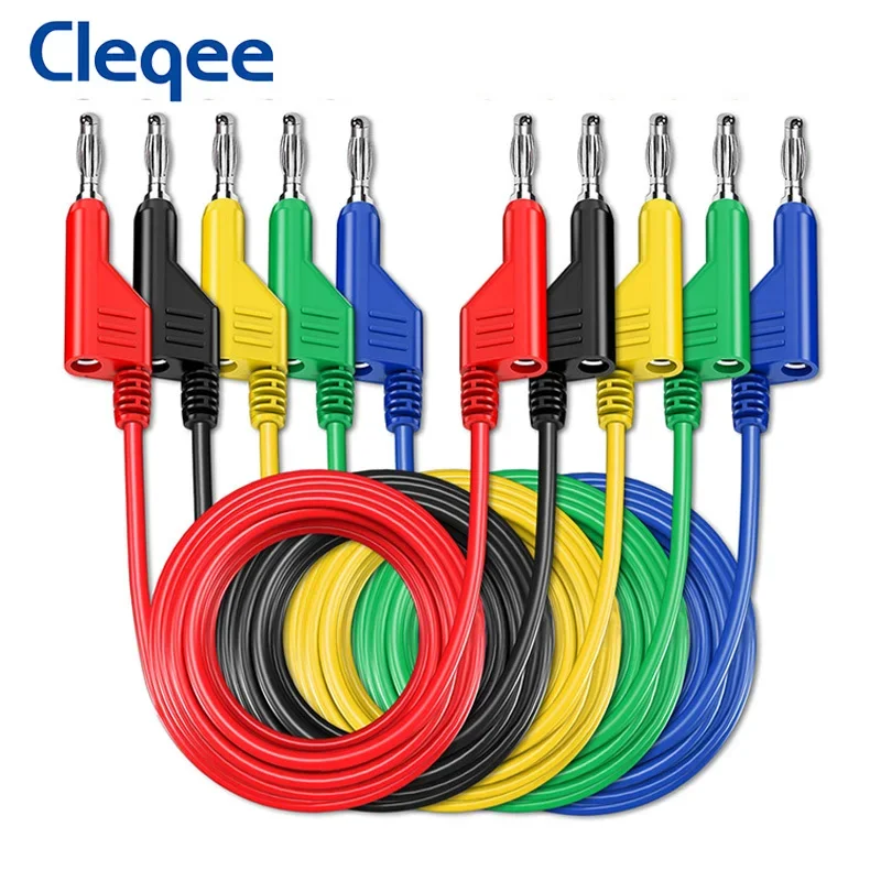 Cleqee-cables de prueba de multímetro P1036, enchufe Banana apilable de 5 piezas y 4mm, Cable de enchufe Banana de cobre Dual de 100cm, Cable