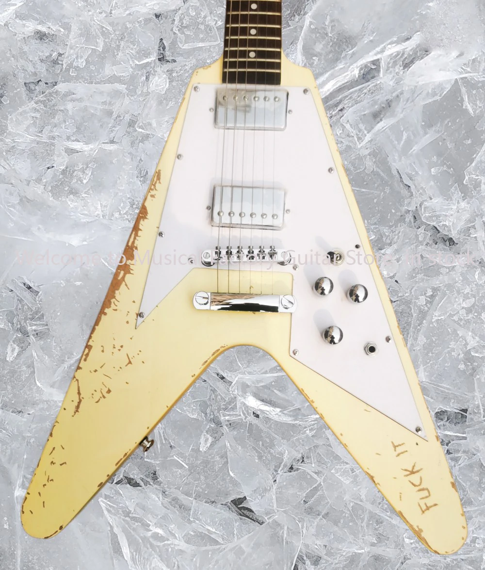 Metallic White Cream Flying V Electric Guitar Active Pickup Custom