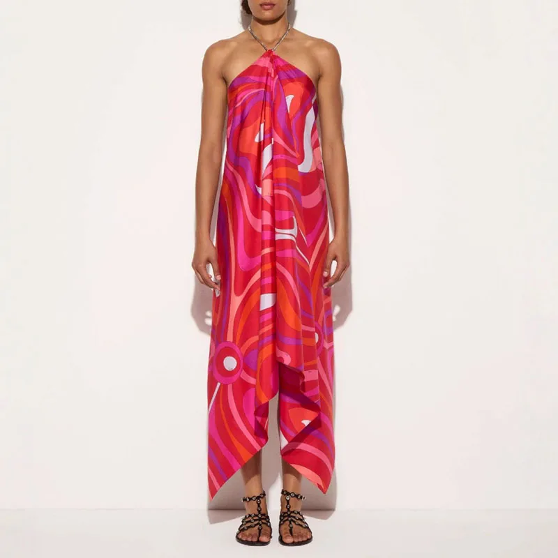 Robe longue en Satin pour femmes, Sexy, dos nu, creuse, irrégulière, élégante, imprimée, sans manches, col licou, ligne a, robes de plage, vacances, été