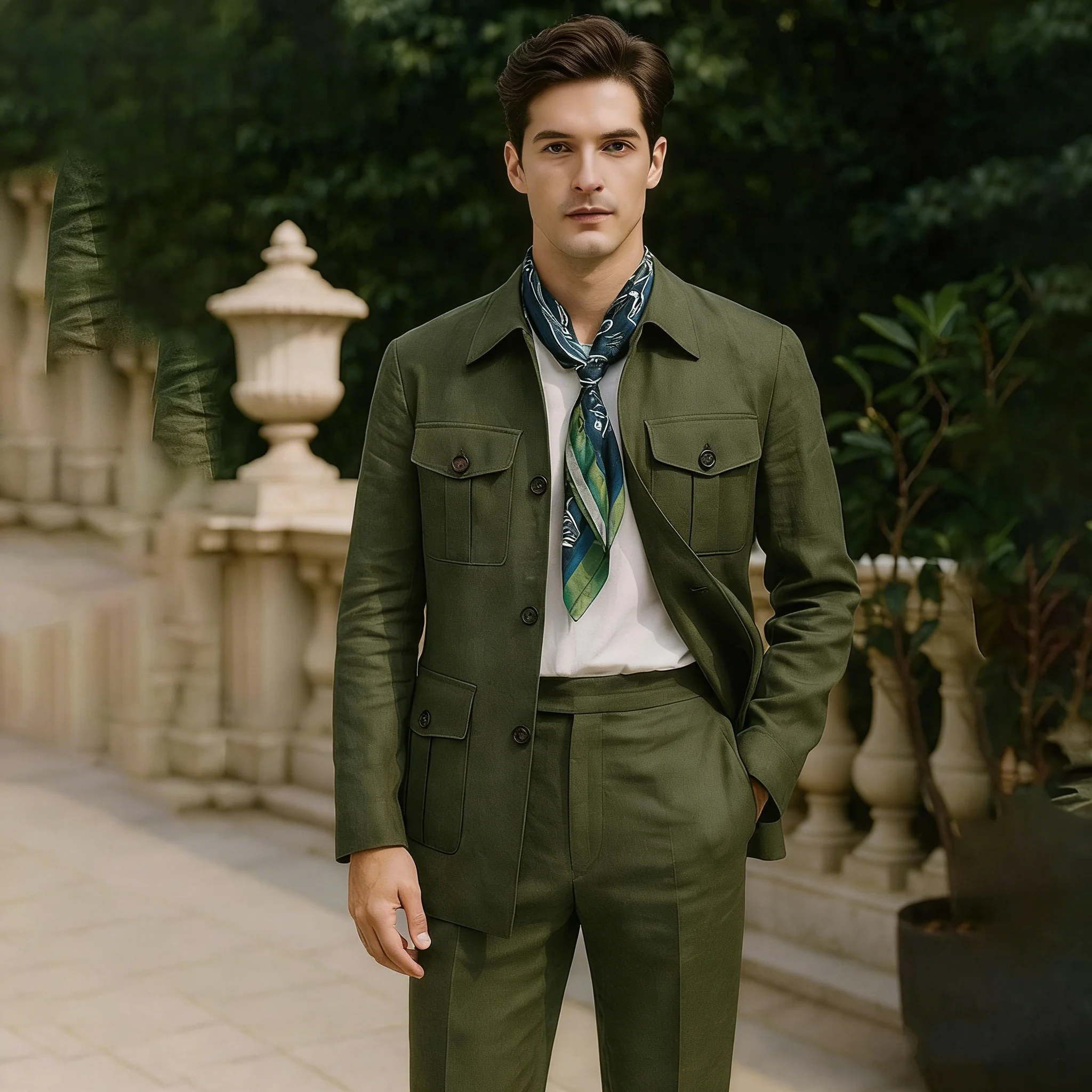 

Мужские костюмы оливкового цвета, 2-х предметные комплекты: пиджак и брюки, для свадьбы, для жениха, однобортные, с четырьмя карманами, в стиле сафари, индивидуальный пошив, мужская одежда.