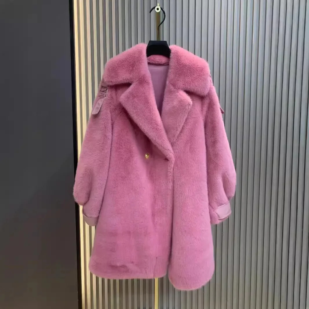 High-end Simple Style Faux Fur Coats Office Lady 2024 New Versatile Suit Large Lapel Furry Trench Coat Winter Jacket Women