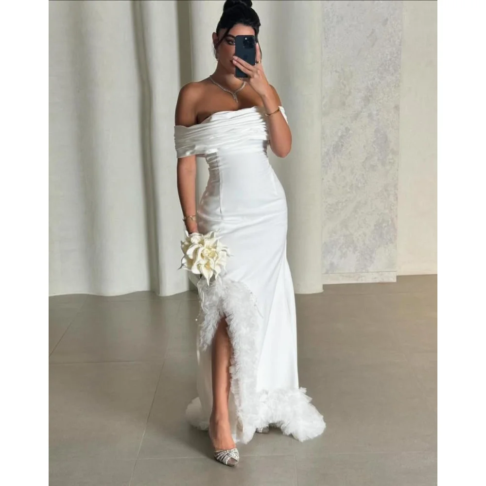 

Customized Elegnat Boat Neck Prom Dresses Off The Shoulder Women's Party Dresses Pleated Mermaid Wedding Evening Gowns