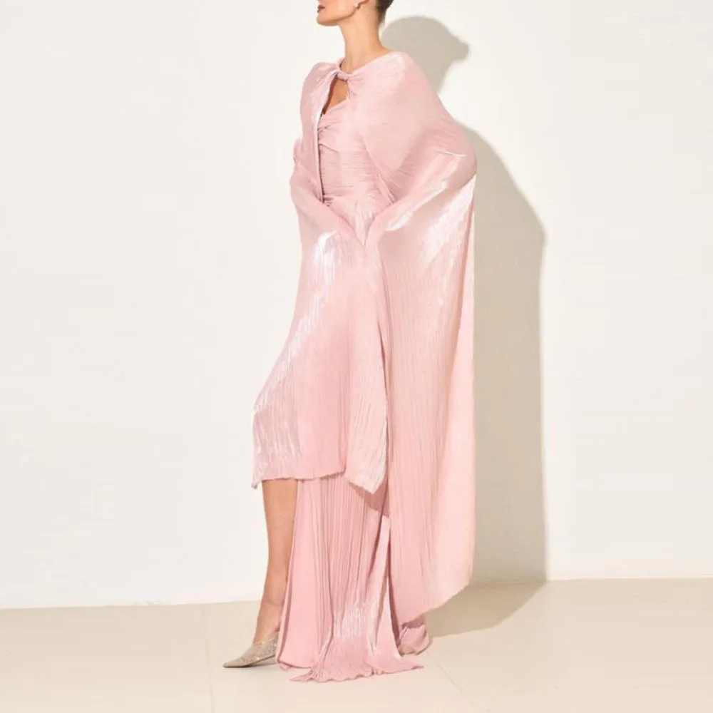 Gaun Malam Berlipat Khusus dengan Gaun Formal Putri Duyung Cape Sweetheart dengan Gaun Pesta Pernikahan Merah Muda Terpisah dengan Syal