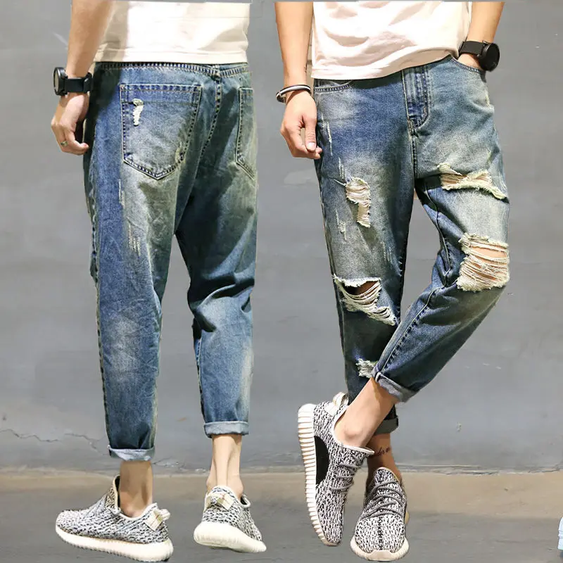 

Jeans men's ripped cropped pants spring summer thin men's harem pants loose large size small pants men's fashion trend