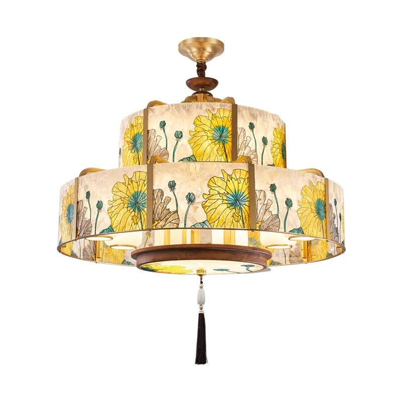 

Full copper living room chandelier, enamel art, high-end atmosphere, black walnut, villa new Chinese style