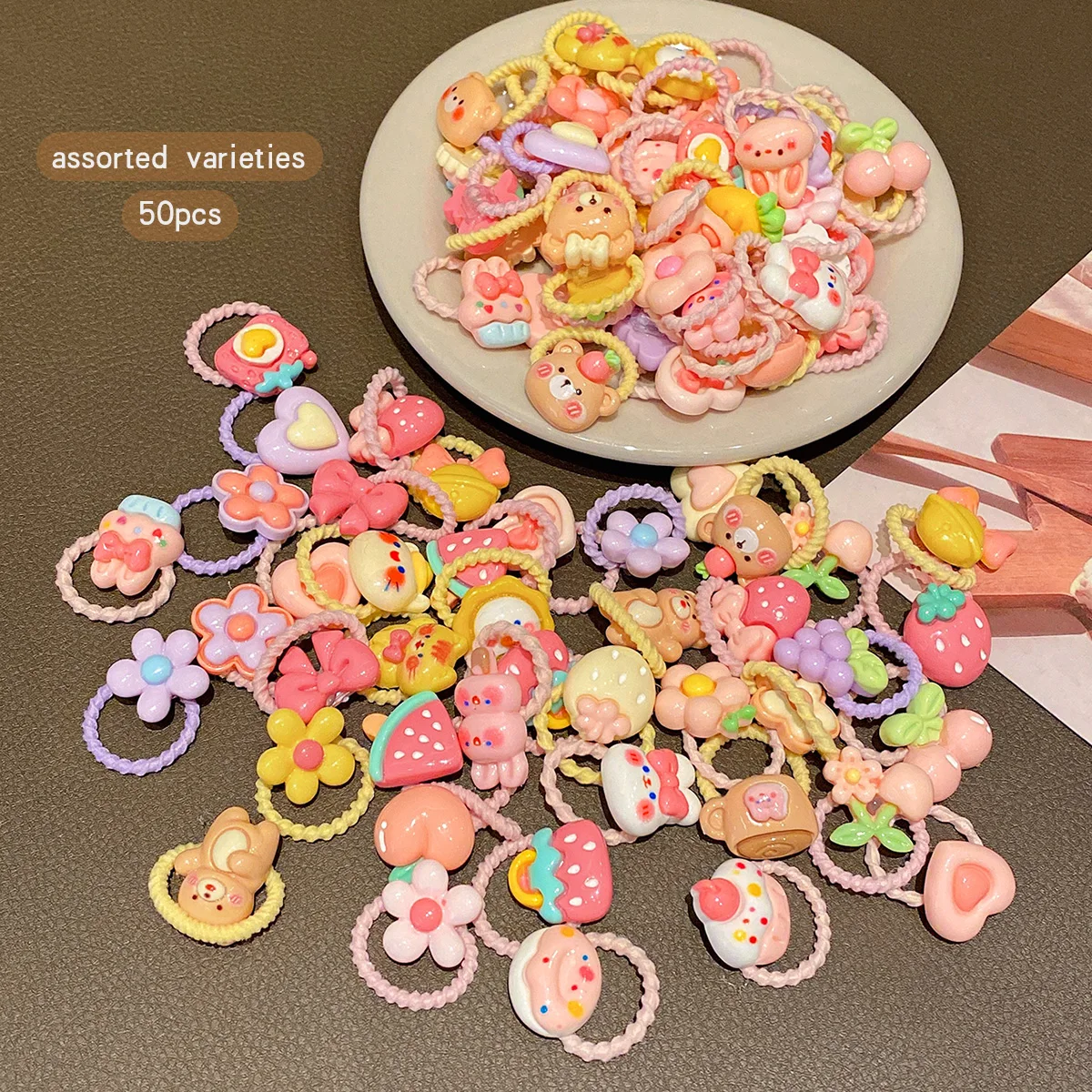 50 styles of random cartoon cute rubber bands suitable for daily use with hair rings and accessories