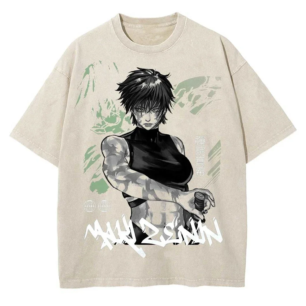 Fashion Vintage Japanese Anime Graphic Print Oversize T-Shirt Men Washed Tshirt Summer Hip Hop Streetwear Harajuku Cotton Tees