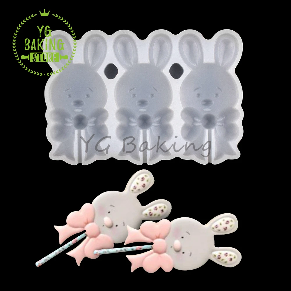 Dorica 3 Styles Easter Bow Bunnies Design Epoxy Resin Silicone Mold Rabbit Lollipop Mould Fondant Cake Decorating Tools Bakeware