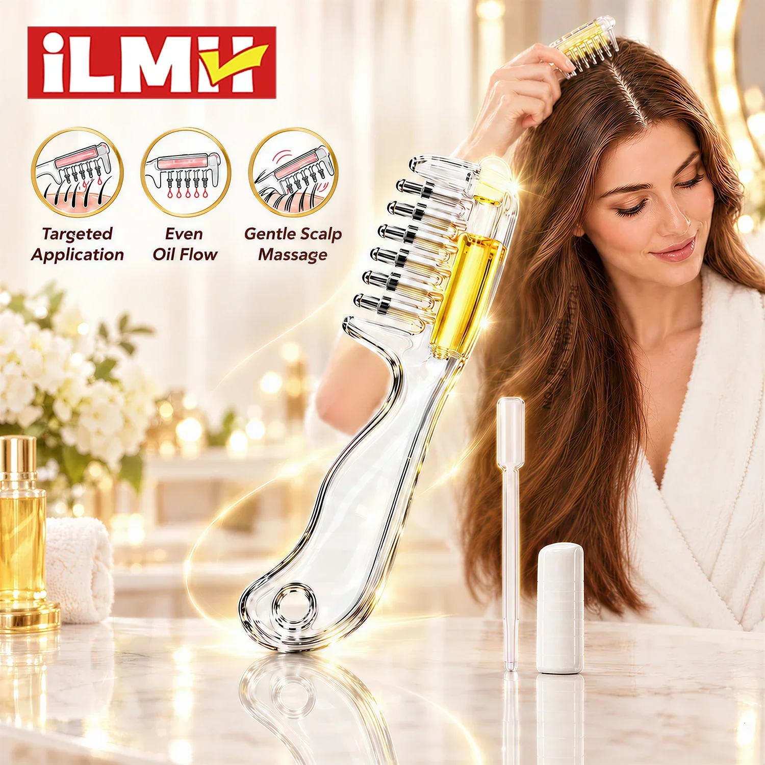 iLMH Essential Oil Applicator Massage Comb with Built-In Liquid Reservoir Rolling Metal Teeth Suitable For Scalp Hair Growth