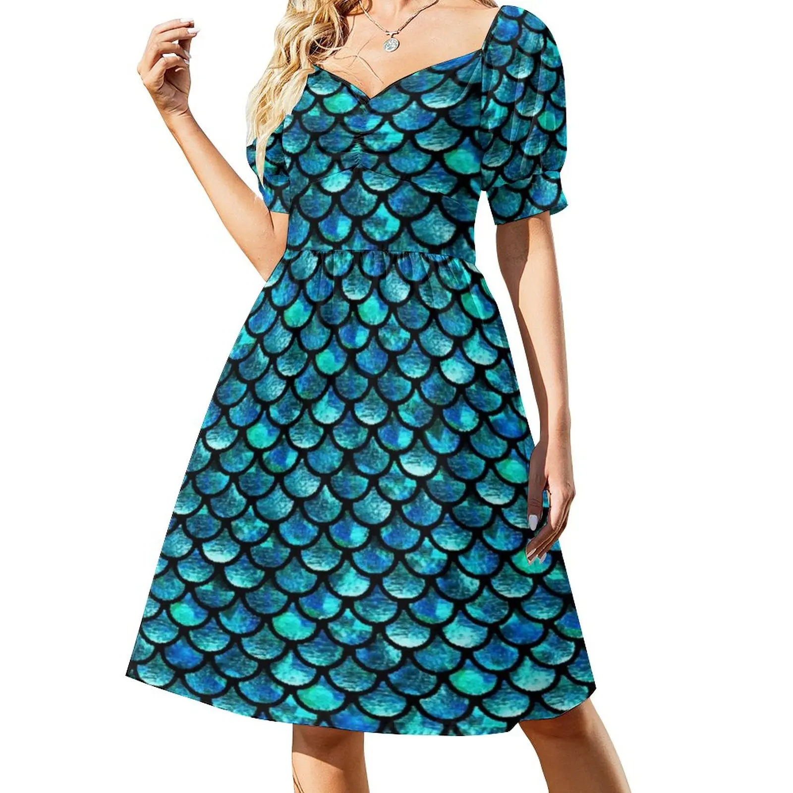 

Watercolor Animal Skin Casual Dress Blue Mermaid Scales Aesthetic Dresses Pretty Dress Women V Neck Oversize Vestidos