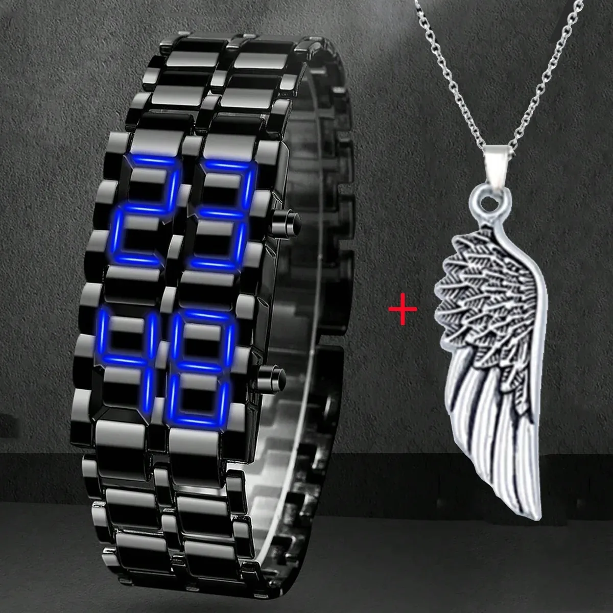 1PC Men\'s Full Metal Digital Watch Set Blue LED Display Black Necklace Watch Ideal Choice for Gifts Fashion