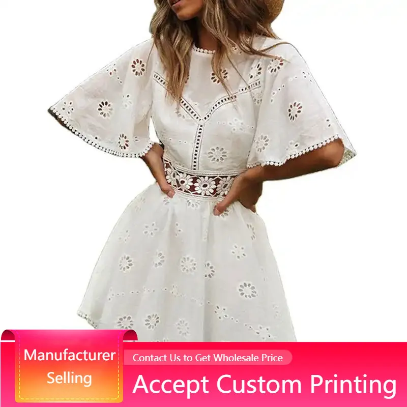 

Women's Sexy White Dresses Backless Half Sleeve Beach Sexy Bohemian Lace Short Dress Hollow Out O-neck Vacation Dress