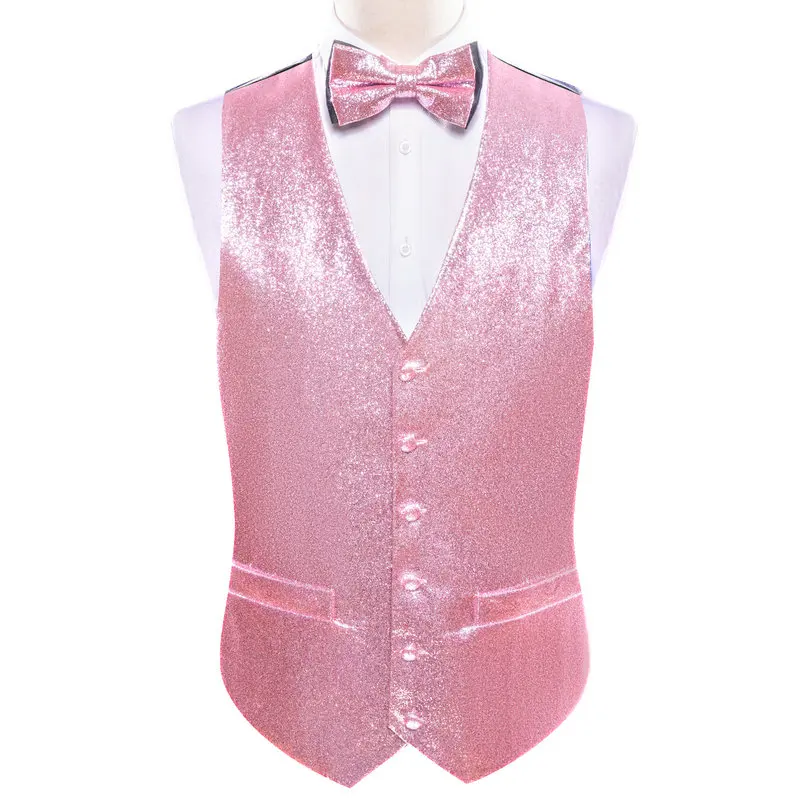 

Barry.Wang Fashion Vest Men Solid Bling V-Neck Male Waistcoat Pink Leisure Bow-Tie Set Groom Wedding Gift Party Designer GM-2607