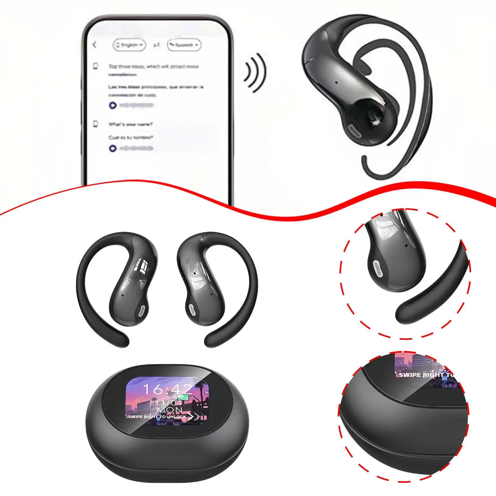 

Наушники для прослушивания музыки, удобная конструкция с заушным креплением, стильный дизайн, чистый звук, легкие, для работы, с функцией перевода в реальном времени.