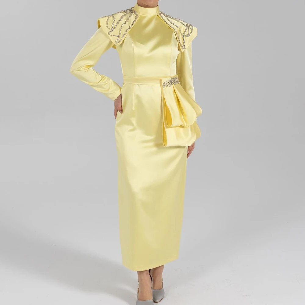 

Customized Straight Evening Dresses Tea-length High-neck Full Sleeve Prom Gown Fashion Stole Sequined Simple Pleat Party Gown