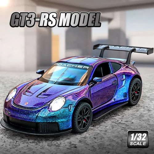 포르쉐 GT3-RS 럭셔리카 로고 모델 장난감, 풀 백 4 도어 오픈 라이트 사운드, 레이싱 카 모델, 취미 장식품 선물, 1:32 체중계 