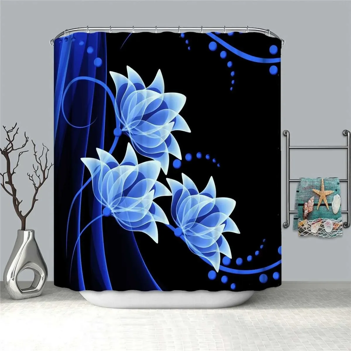 4 Pcs Blue Lotus Shower Curtain Set Waterproof Fabric Bath Curtain Floral Non-Slip Bath Mat Toilet Lid Cover Bathroom Decor
