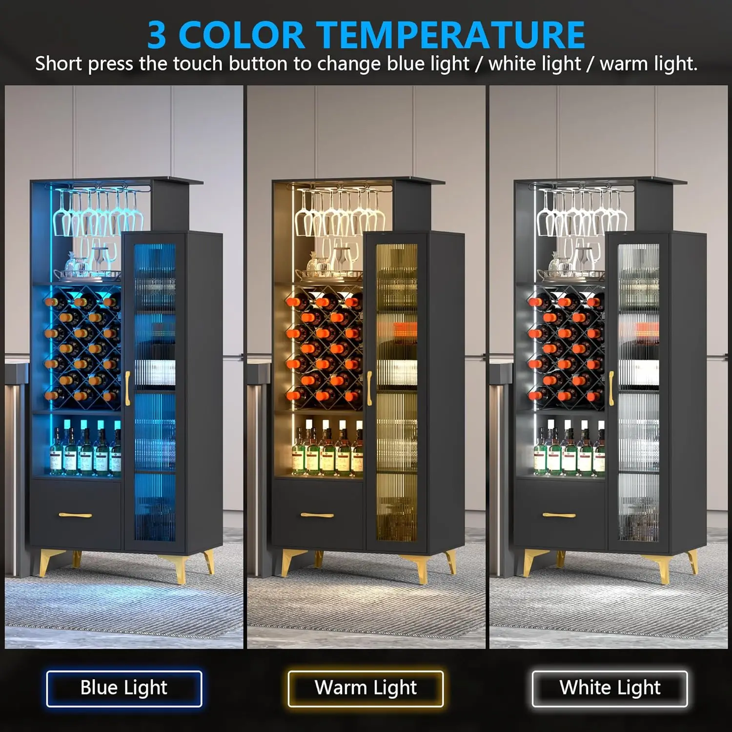 Armoire à vin avec porte-verre T1, 3 modes d'éclairage LED pour documents, armoire de bar au sol, français ou armoire avec porte-verre