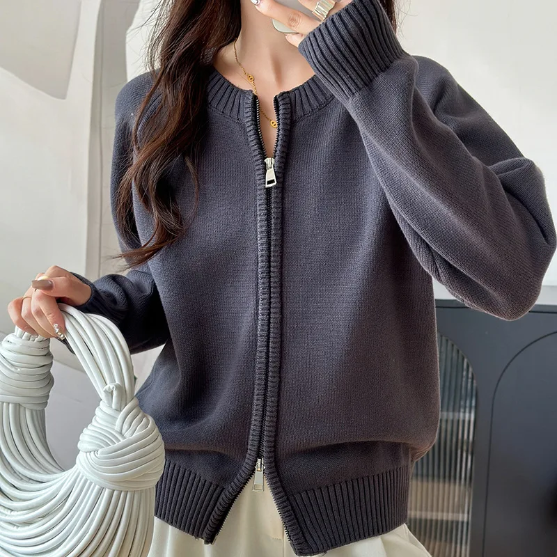 

FRAYA LAB 100% хлопок, женский однотонный кардиган с круглым вырезом на толстой молнии, роскошная дизайнерская одежда, женский пуловер, женские топы, новинка 2026 года