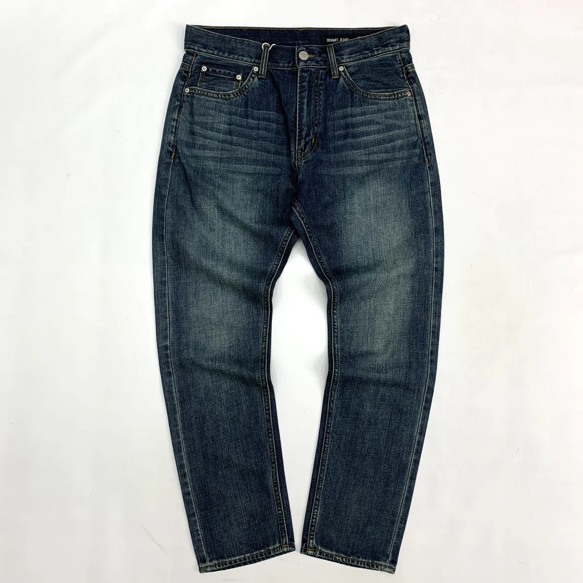 

Мужские обычные зауженные прямые винтажные потертые джинсы из необработанного денима — классические 100% хлопок с кромкой, потертые и выцветшие для модного стиля