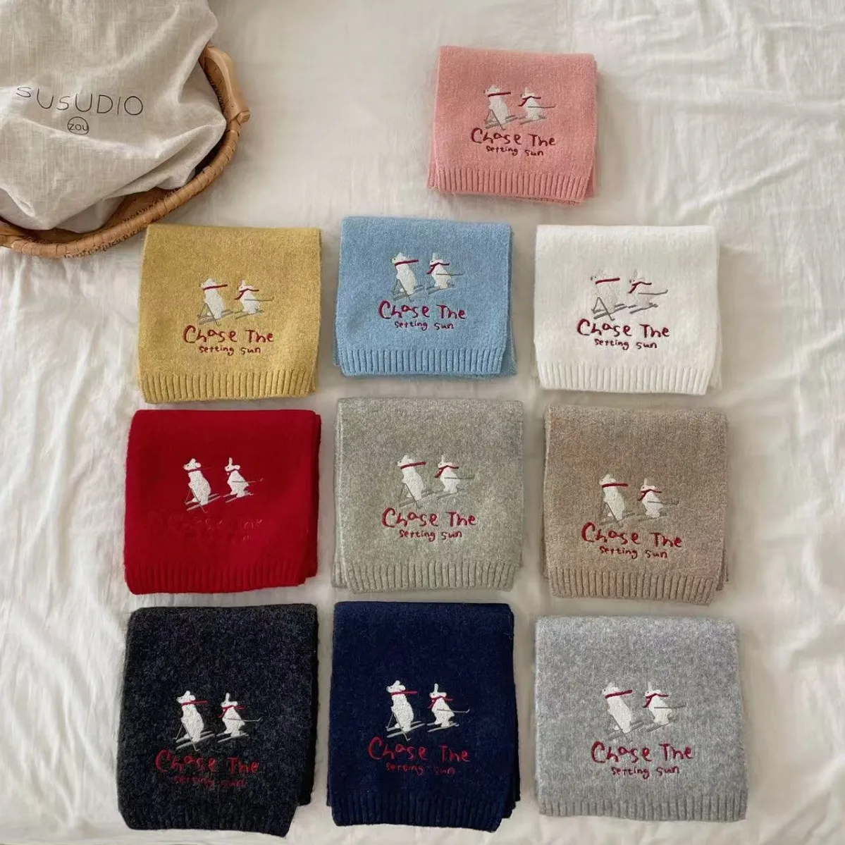 Fashion Embroidered Ski Bear Scarf 2025 New Women Student Winter Warm Knitted Letter Scarf Unisex Neckwear