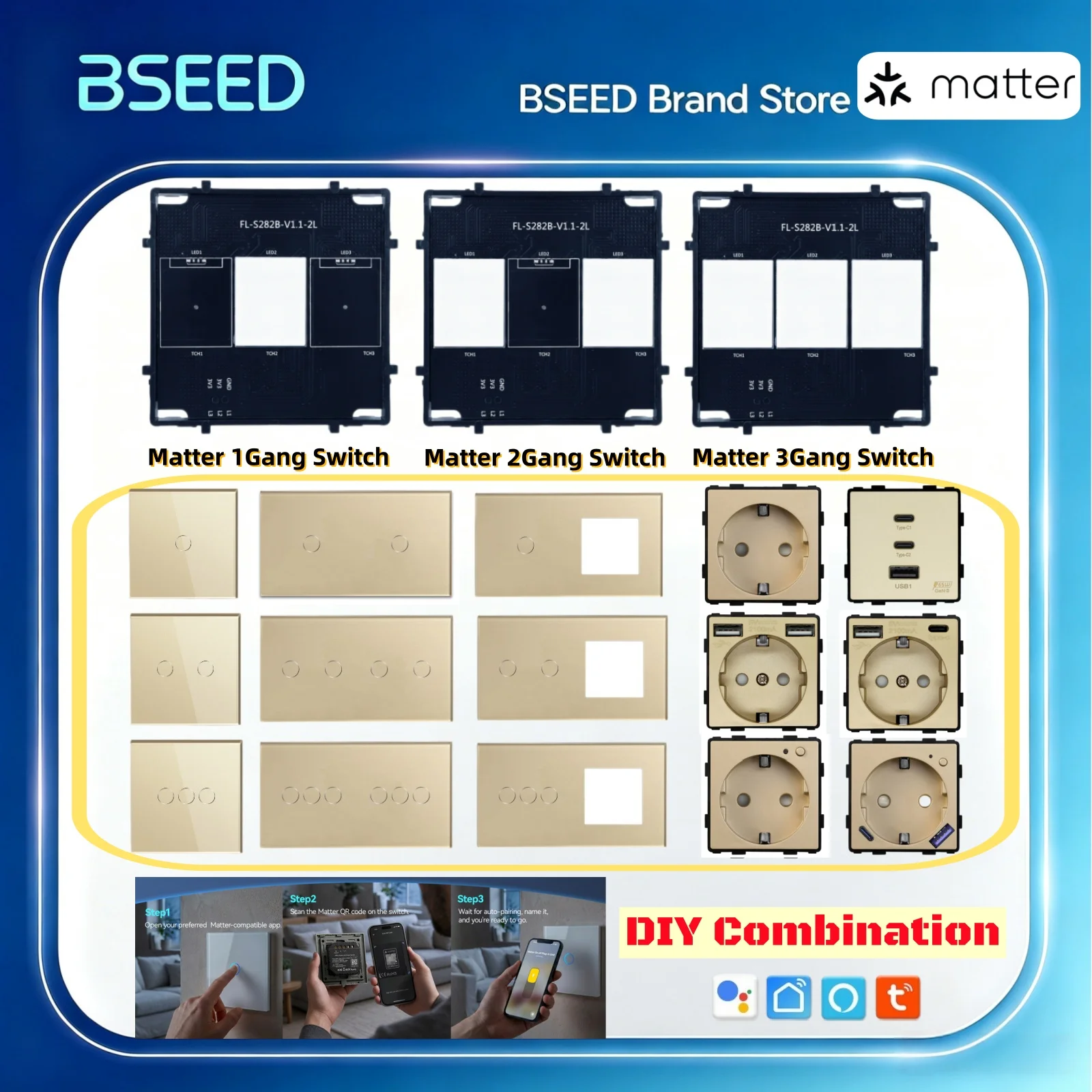 BSEED Matter Touch Light Switch Part Glass Panel Only Smart Switch Work With Tuya Smart Life APP EU Socket Outlets Module