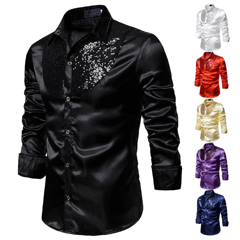 Spring Autumn Men's Sequined Shirt Nightclub Costume Host Men's Long-Sleeved Shirt