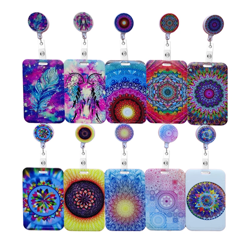 Mandala Retractable Buckle Card Holder Purple Business Badge Clip Employee Cardholders Doctors Nurses hang certificates Yoyos