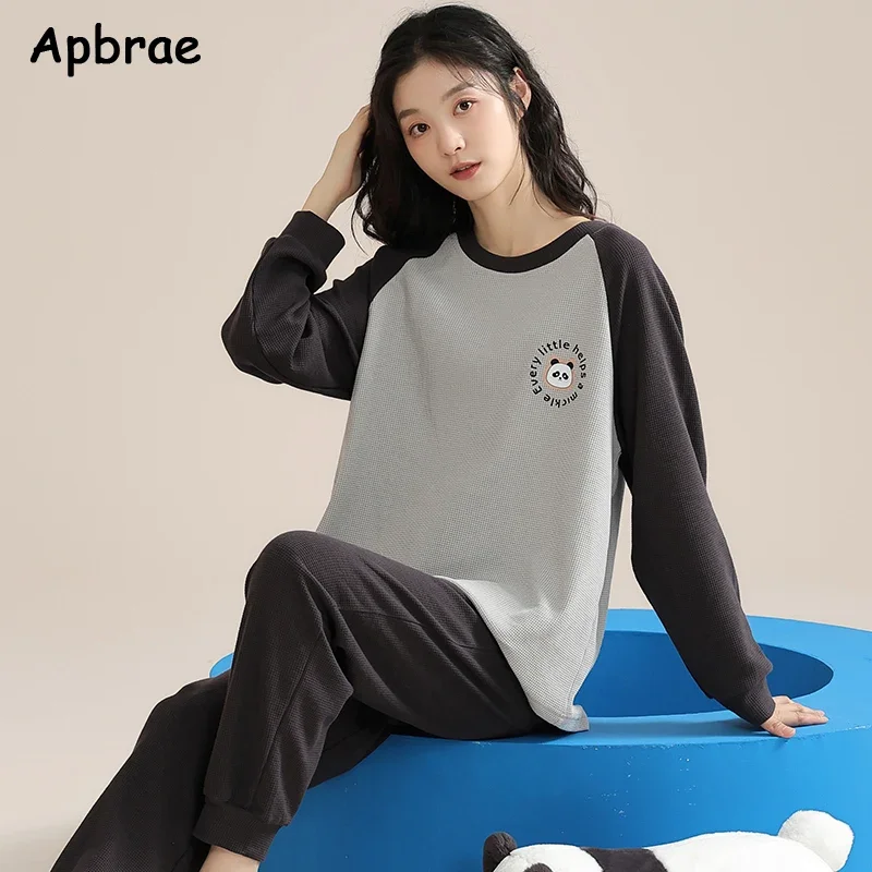 Waffle Cotton Korean Minimalist Style Women Pajamas Long Sleeves Round Collar Casual Sleepwear Fashion Elegant Pajama Set