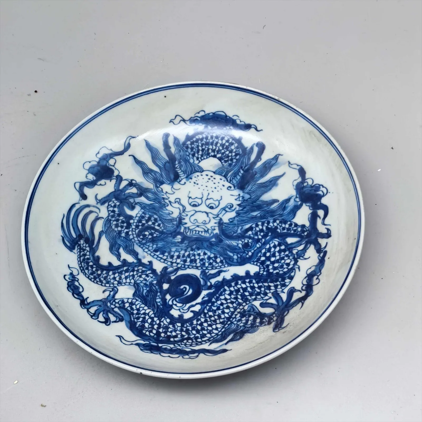 Chinese Blue and White Porcelain Plate Qing Tongzhi Dragon Pattern 7.87 inch