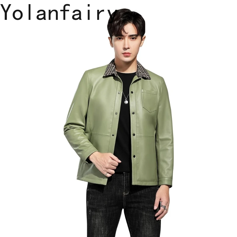 

YOLANFAIRY Real Sheepskin Genuine Leather Jacket Man Clothing Korean Slim-fit Men's Green Leather Coat Chaqueta De Cuero Hombre