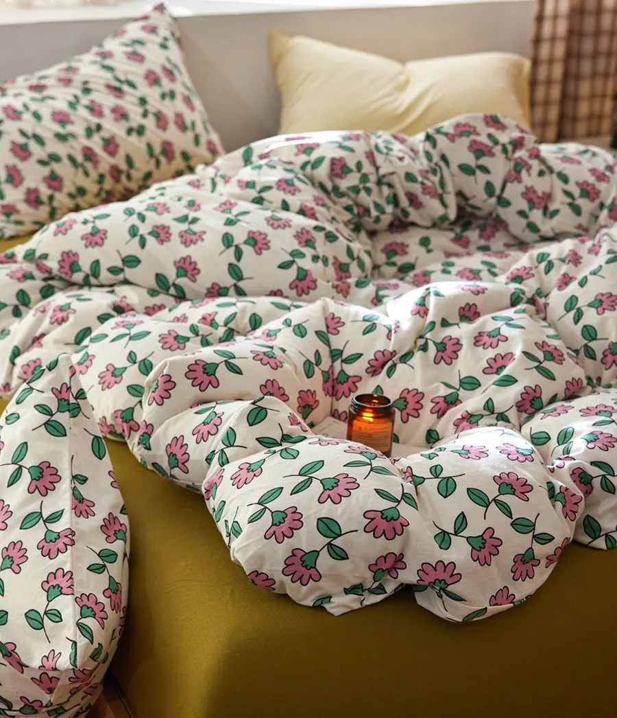 

Романтический комплект постельного белья с милым цветком, полный королевский король, зеленый, красный, с цветочным принтом, хлопковая домашняя текстильная плоская простыня, наволочка, пододеяльник