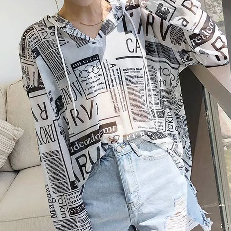 Korean Chic Female Hollow Out Backless Thin Sunscreen Clothing Y2k Summer Casual Loose Hoodies Printed T-shirt Women\'s Clothing