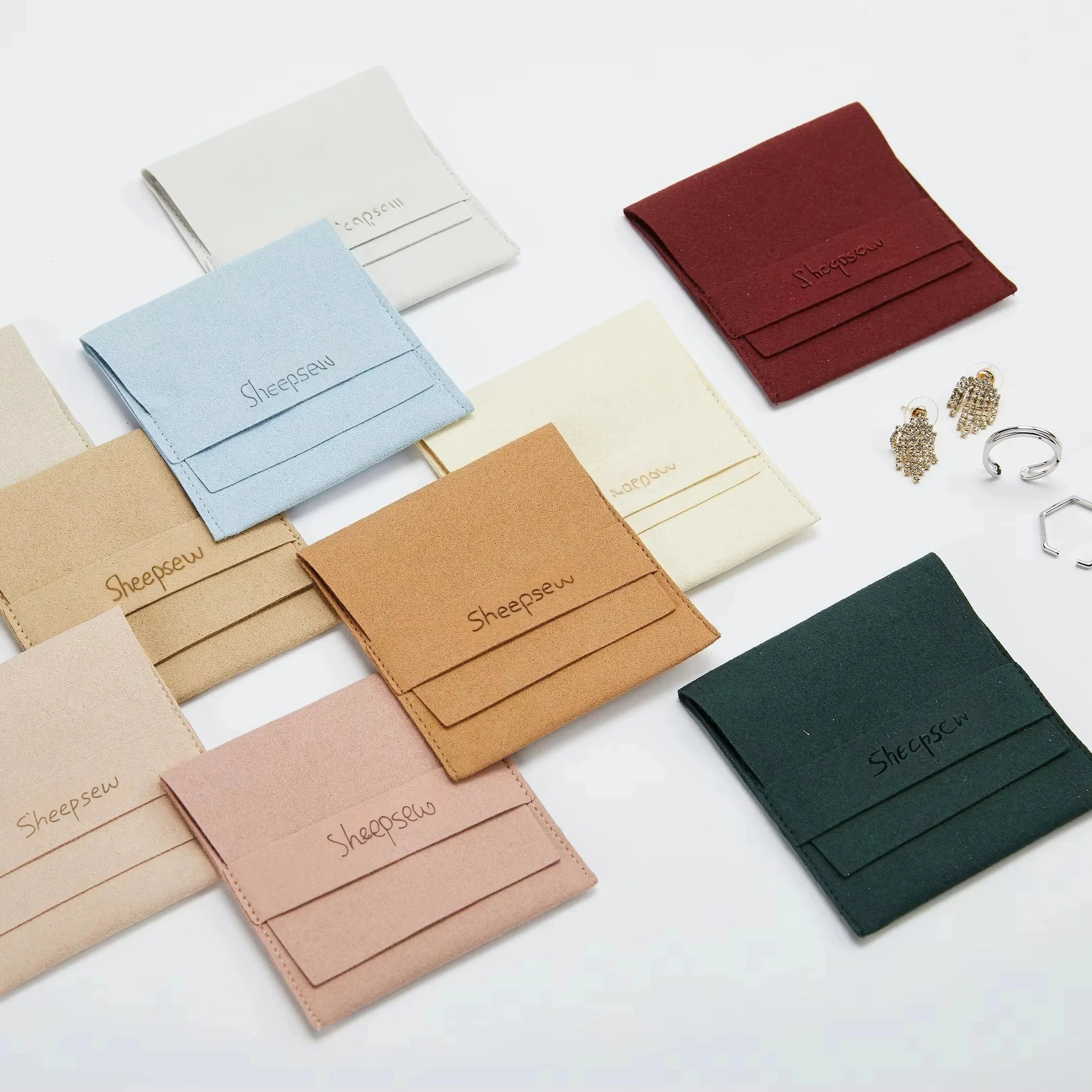 New 100-Pack Bulk Olive Green Suede Microfiber Jewelry Pouch Custom Logo Small Envelope Packaging Bag For Necklace Bracelet Ring - view 2