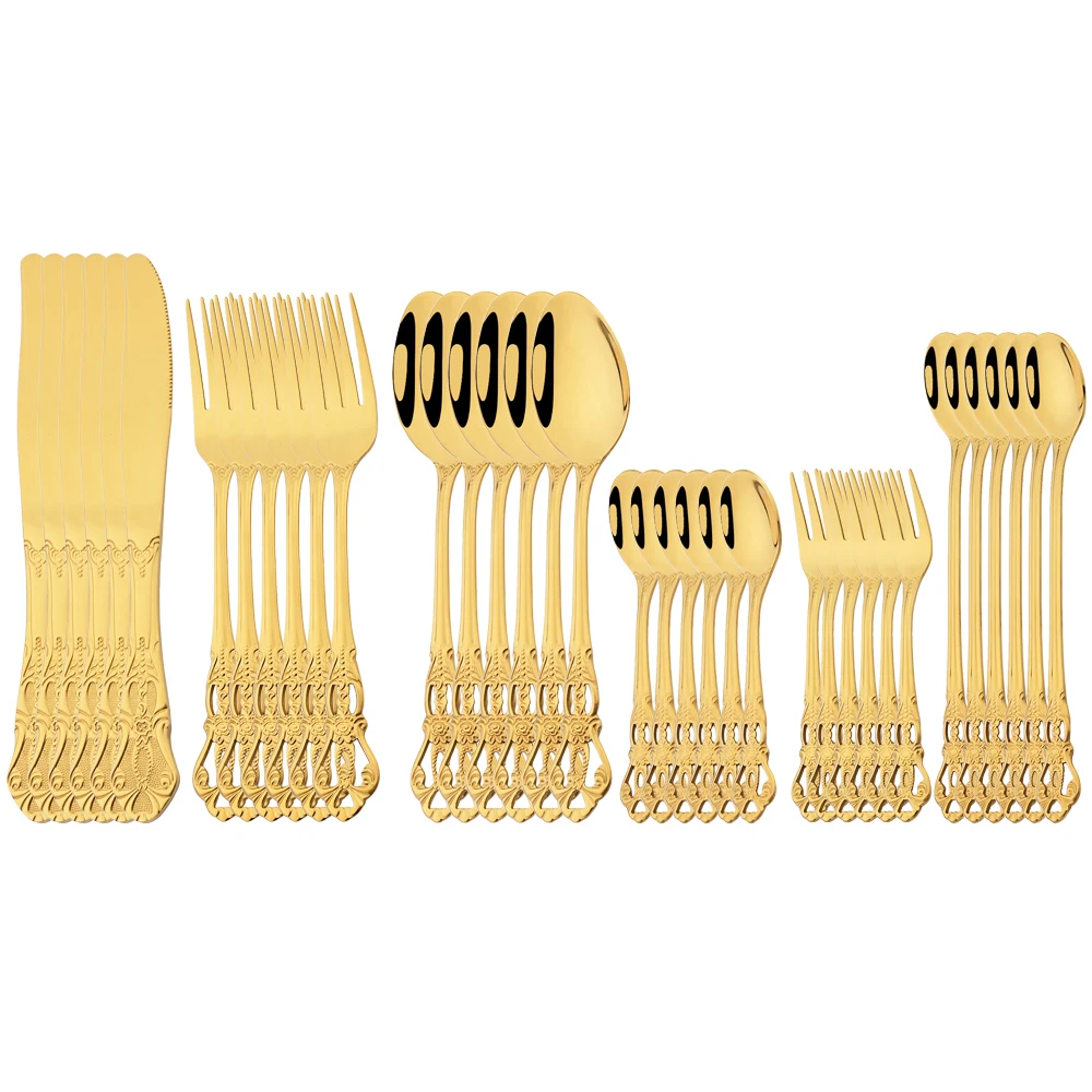 36Pcs Gold Dinnerware Set Stainless Steel Cutlery Knives Forks Spoon Tableware Cake Fork Long Spoon Silverware Kitchen Flatware