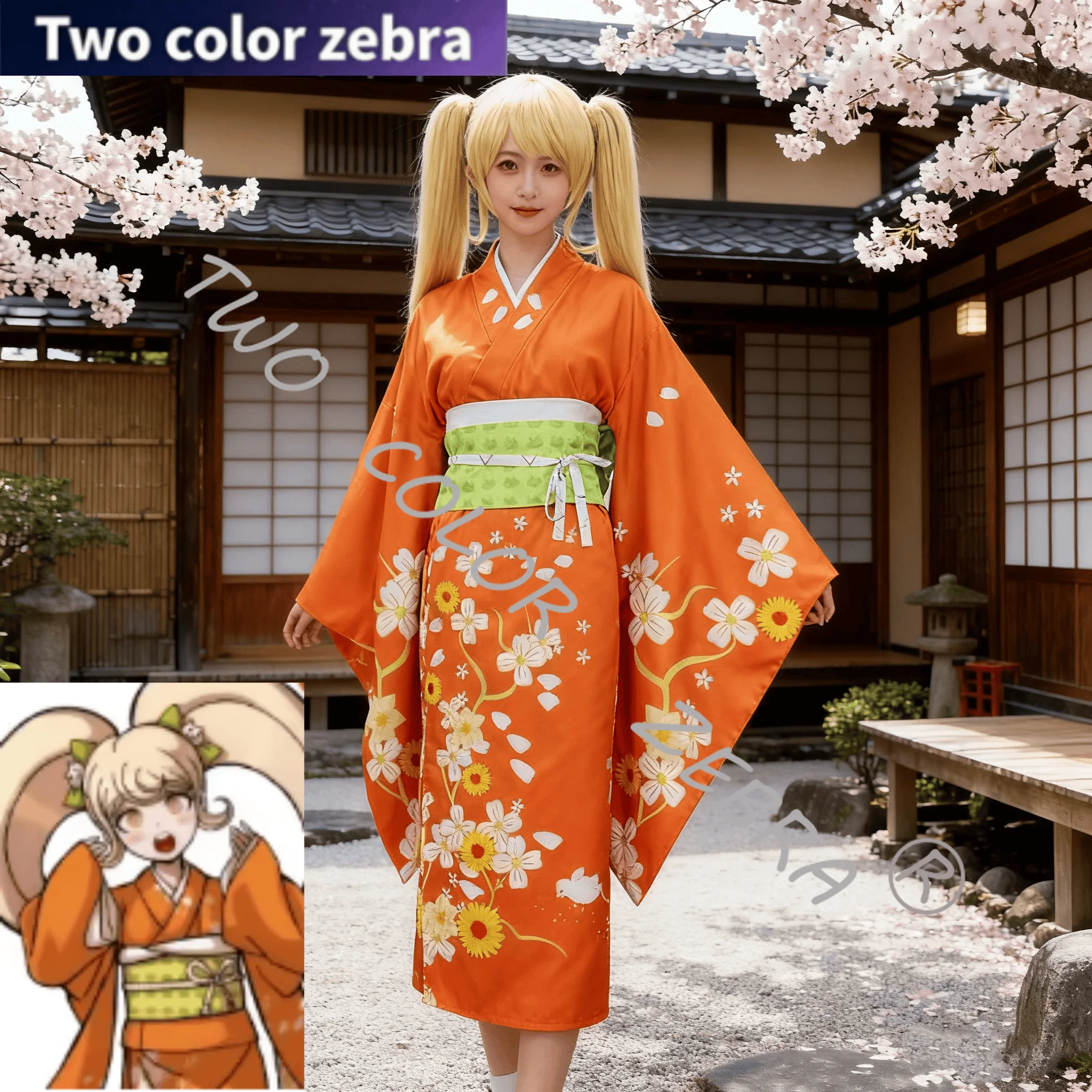 

Anime Danganronpa 2 Hiyoko Saionji Cosplay Costume Orange Japanese Kimono Bow Belt Uniform Halloween Carnival Clothing