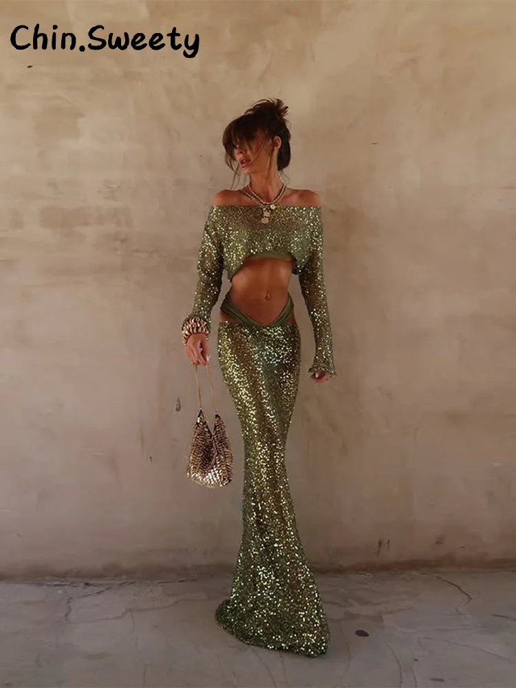 

Sexy Sequined Mermaid Skirts Sets Women Shiny Strapless Full Sleeve Tops Low Waist Skirt 2025 Spring Summer Chic Beach Outfits