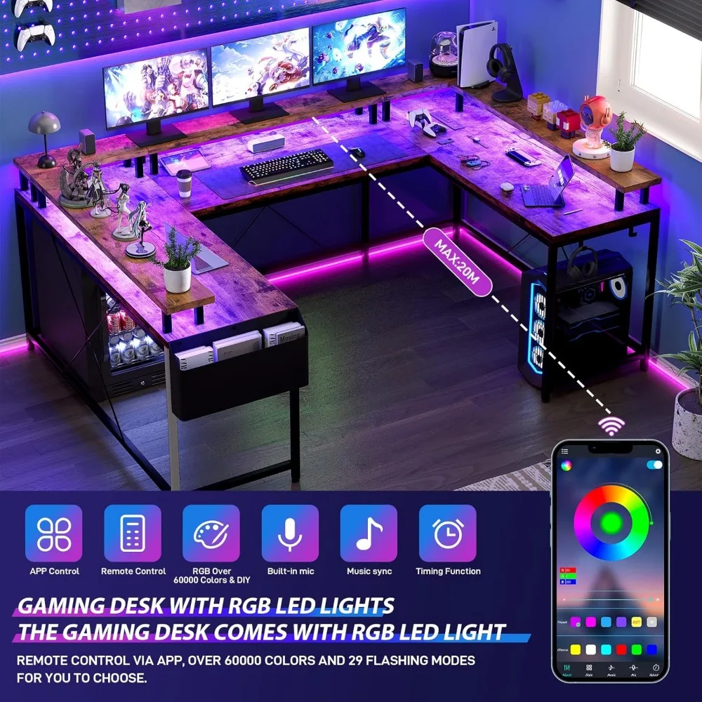 U Shaped Computer Gaming Desk, Reversible L Shaped Desk with Power Outlets, LED Strip & Monitor Stand, Large Corner Desk with S