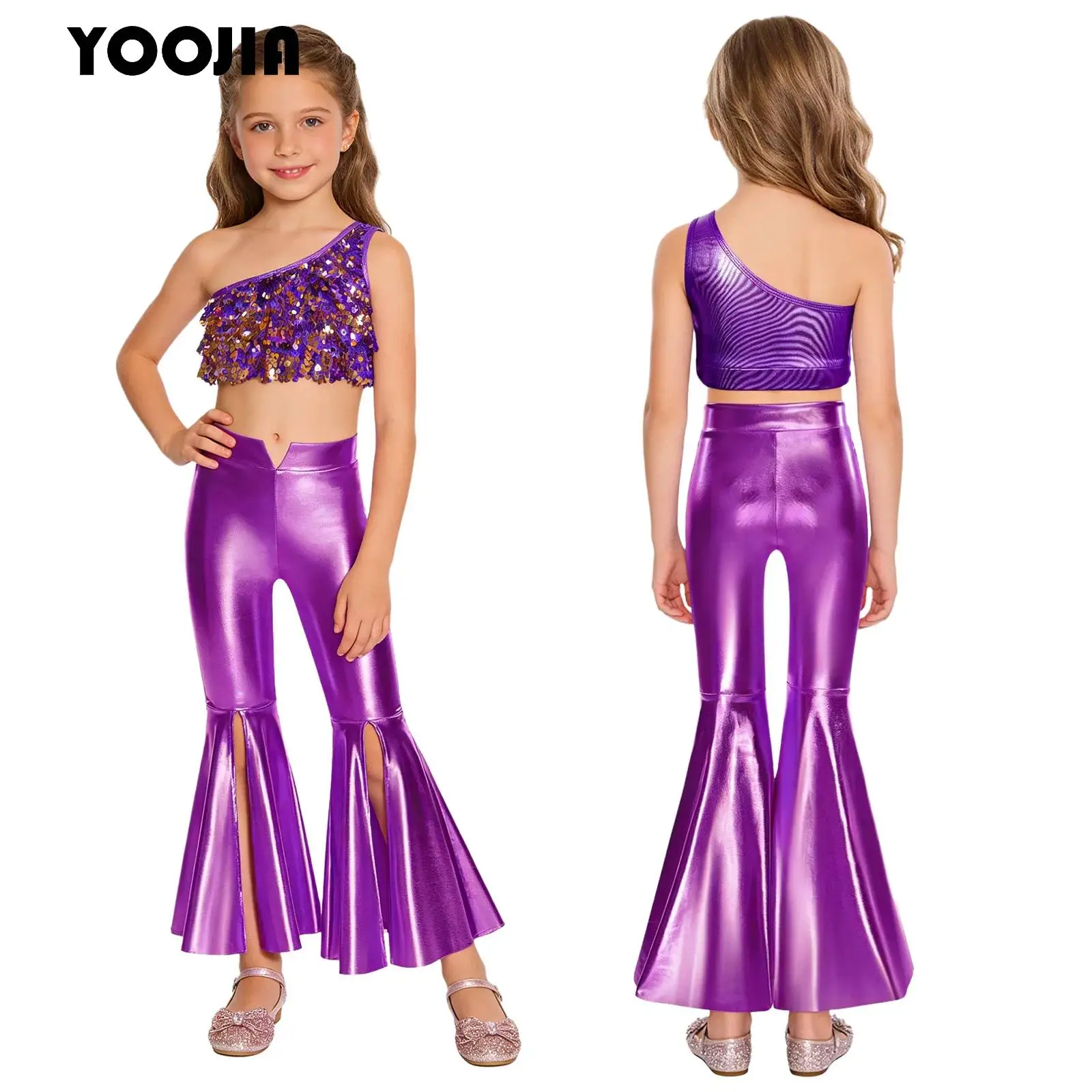 

Kid Girls One Shoulder Sleeve Sequins Crop Top with Bell-Bottom Pants Jazz Dance Set Halloween Metallic 70S Disco Hippie Costume