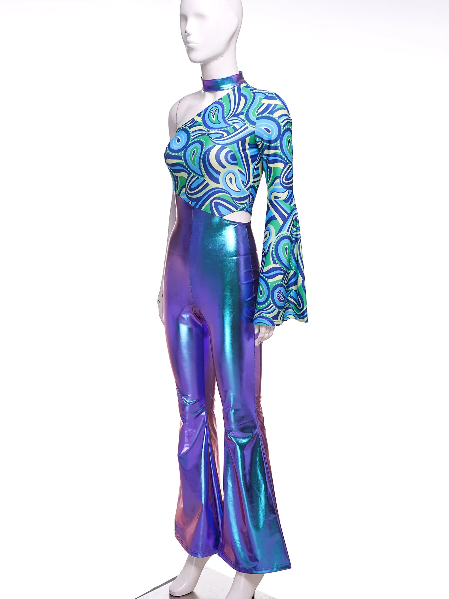 Damen One-Shoulder-Unitard mit Leopardenmuster, Tanz-Jumpsuit mit seitlichem Cutout, ausgestellte Hosenbeine, Retro 70er Disco Jazz Dance Outfit – Detail 14