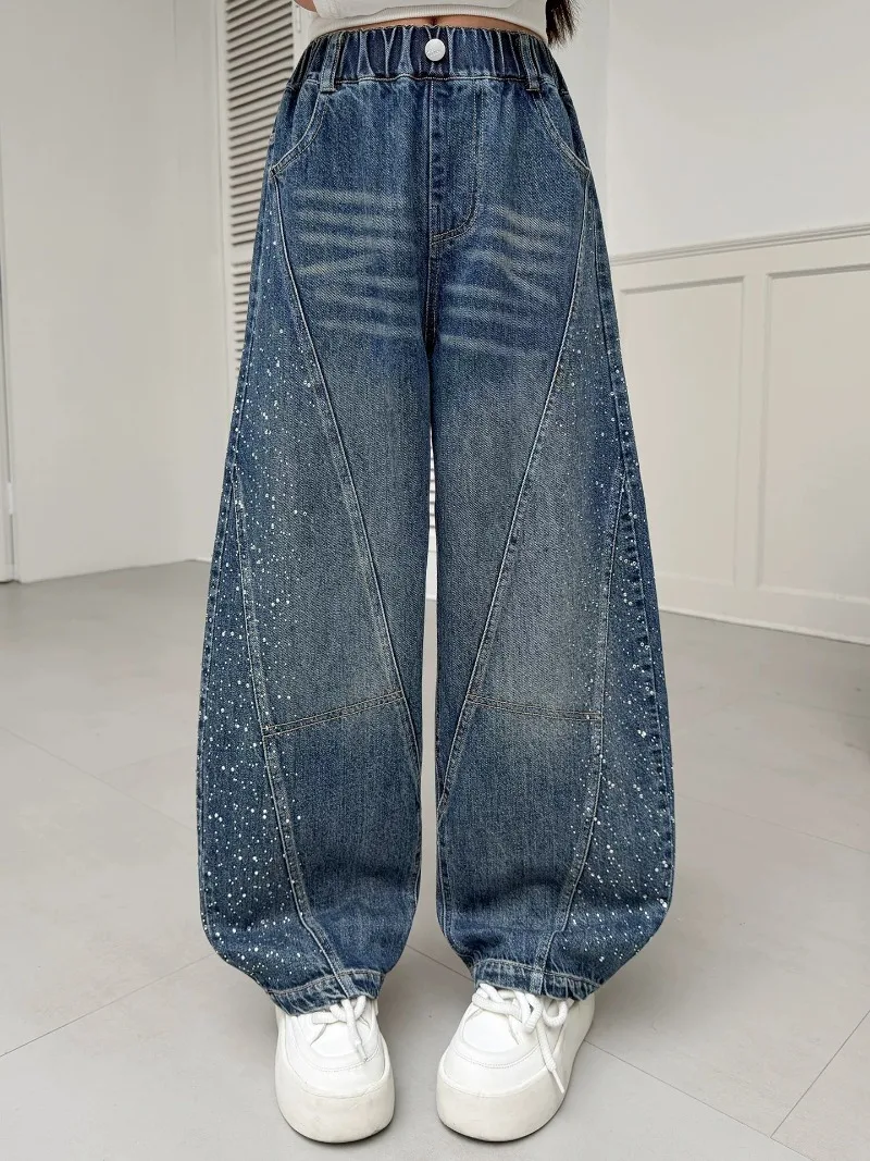 Kinder Mädchen Jeans UNITIM Herbst Junge Teenager Mädchen Glänzende Denim-Hosen Lose Elastische Taille Junior 4-14J Mädchen Weite Hosen – Detail 11