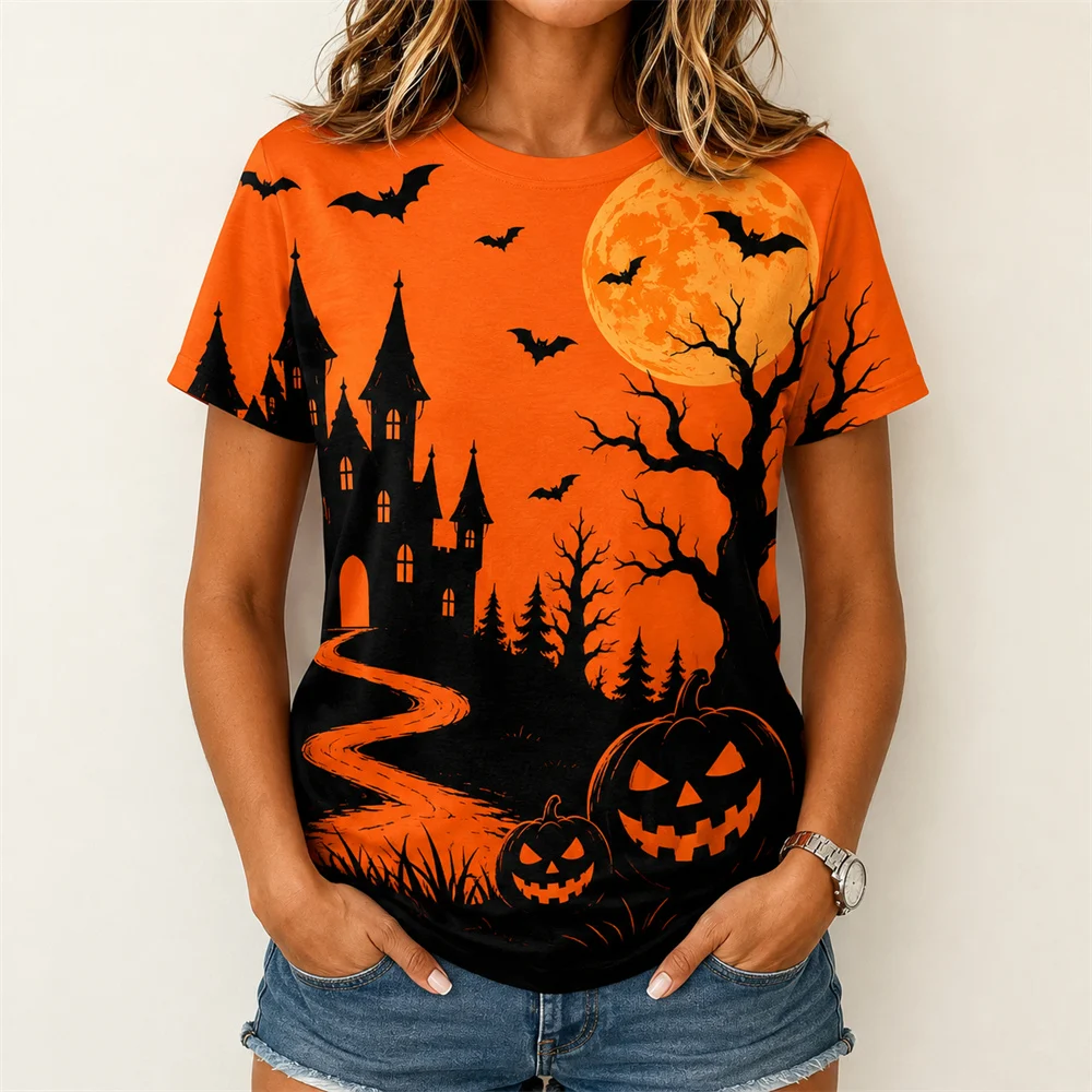 Pumpkin Color Halloween T-shirt For Men And Women Black Horror Castle Cat 3D Print Short Sleeve Tee Top Holiday Party Streetwear