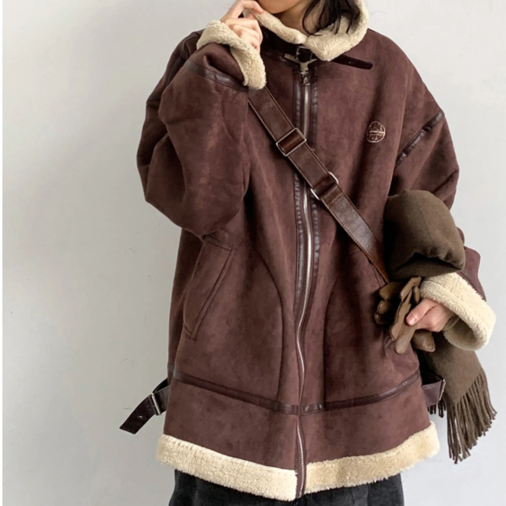 Winter Vintage Suede Fleece Stand Up Collar Jacket For Men Women Korean Streetwear High Quality Couple Coat Harajuku Thick Tops