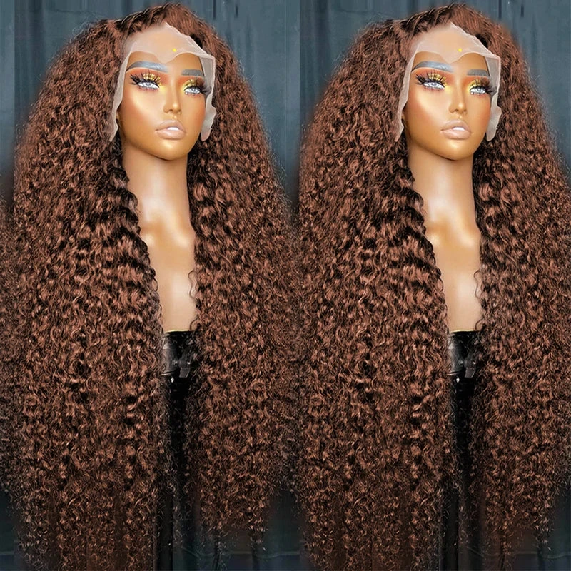 #4 13x4 Chocolate Brown Deep Wave Lace Frontal Wigs Human Hair Bleached Knots Water Wave Lace Front Human Hair Wig 250 Density